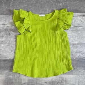 Ces Femme Ruffle Sleeve Cotton Gauze Top Womens M Bright Lime Textured Muslin
